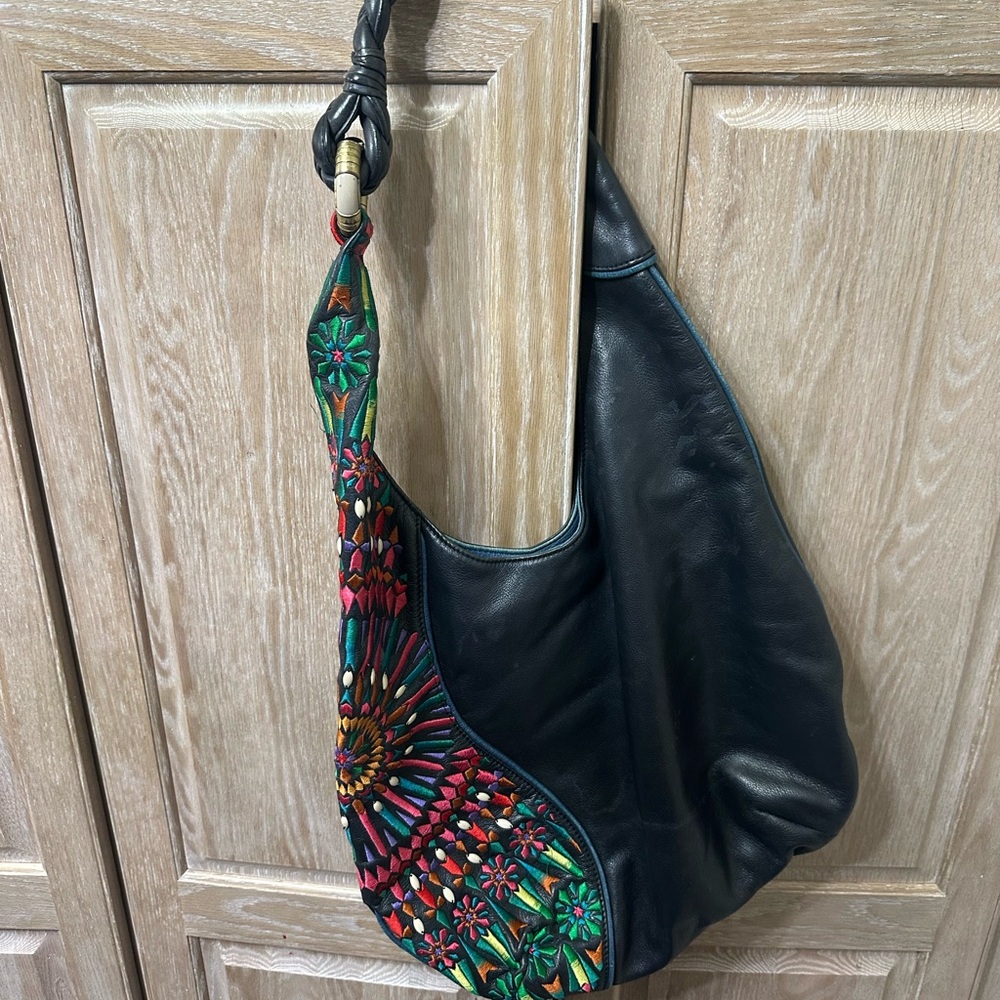 Isabella Fiore Embroidered Black Leather Hobo Bag